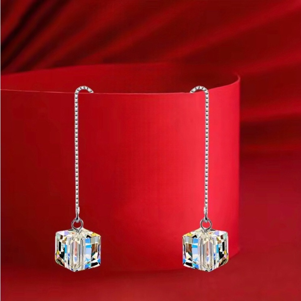Iridescent Cube Drop Earrings - Multicolor Crystal